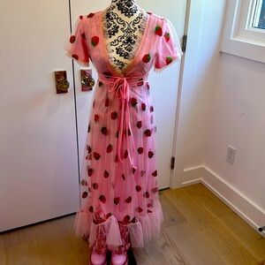 Glitter Strawberry Tulle Ruffle Maxi Dress